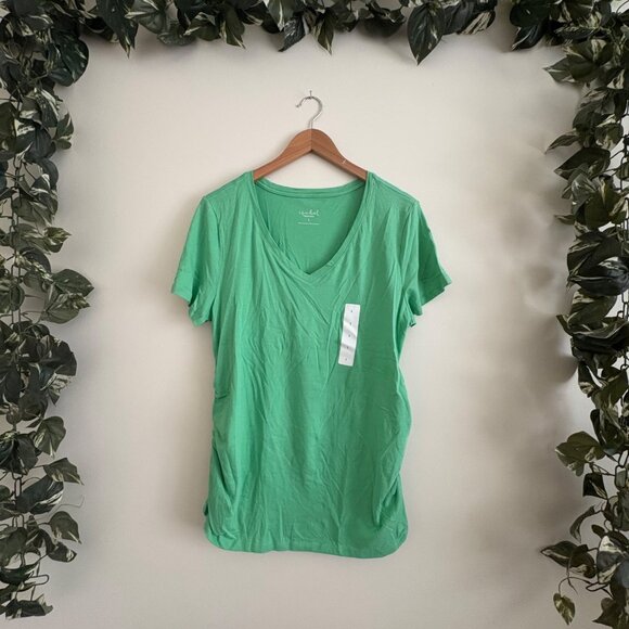 Ingrid + Isabel Maternity V-Neck Ruched Short Sleeve Shirt Green NEW Size L - Picture 1 of 7